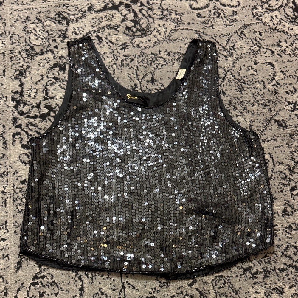 Unique Vintage Black Sequin Silk Top